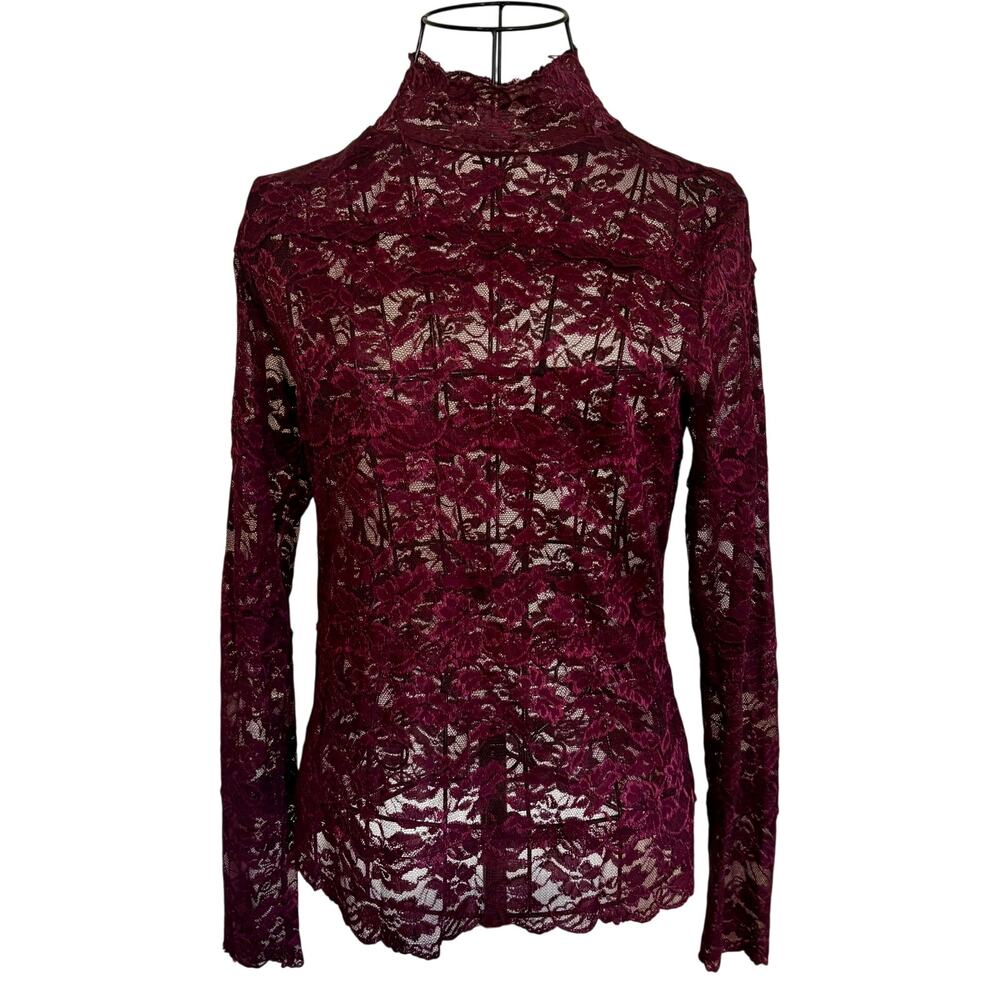 Burgundy Scalloped Stretch Lace Victorian Top Blouse Boho Regency Glam Coquette